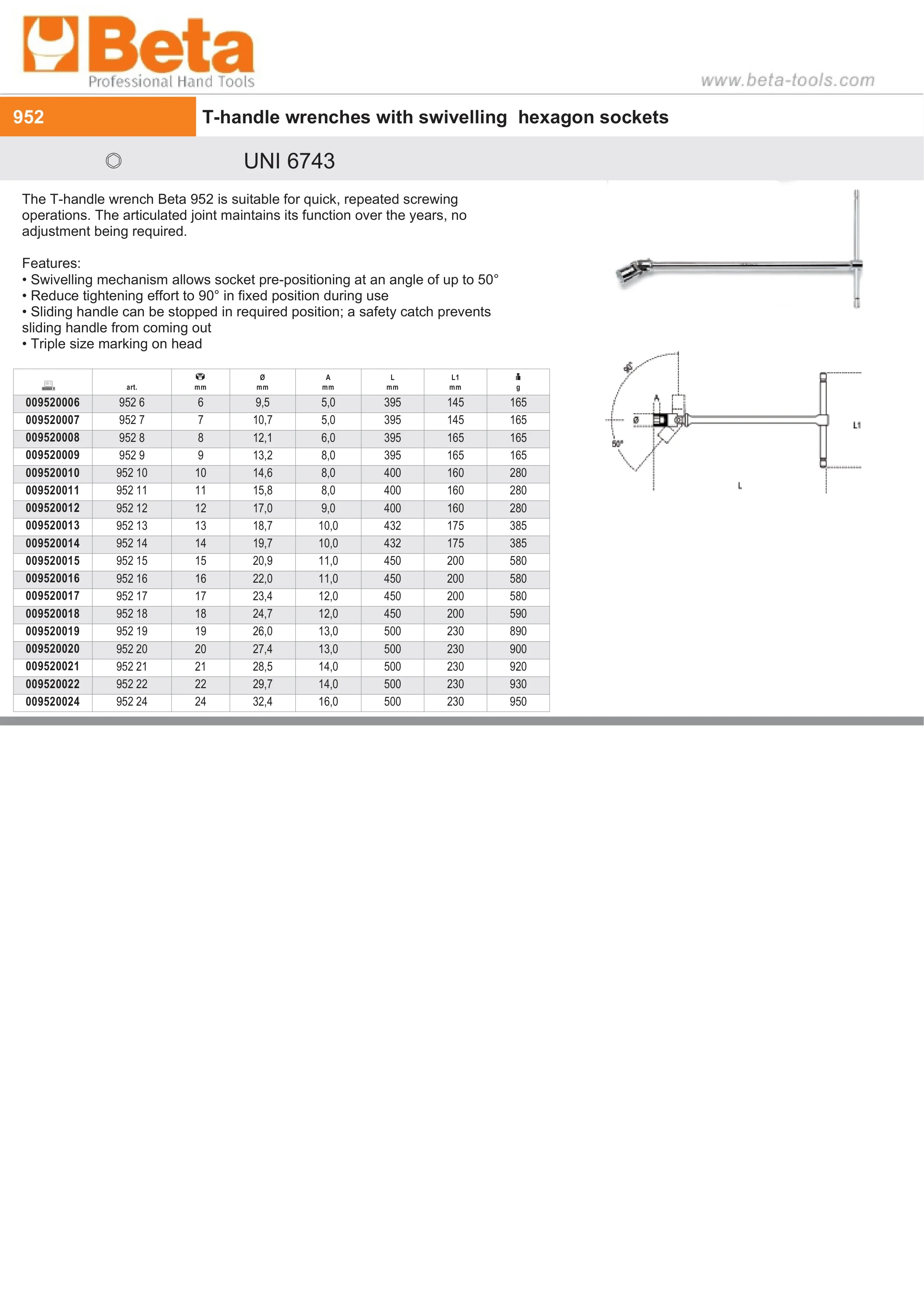 T-Handle Wrench with Swivelling Hexagon Socket 12mm - Beta Tools 952 12