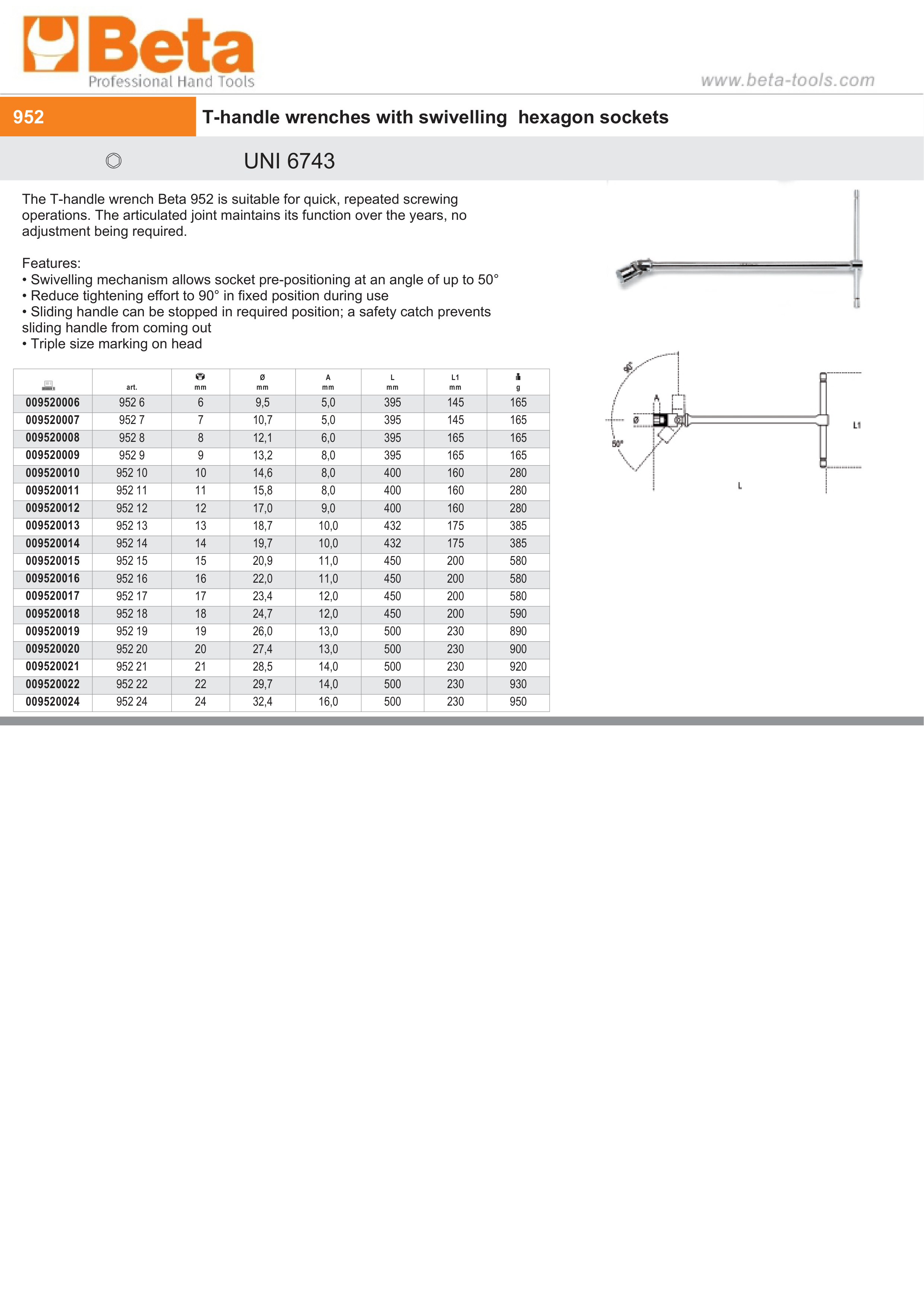 T-Handle Wrench with Swivelling Hexagon Socket 6mm - Beta Tools 952 6