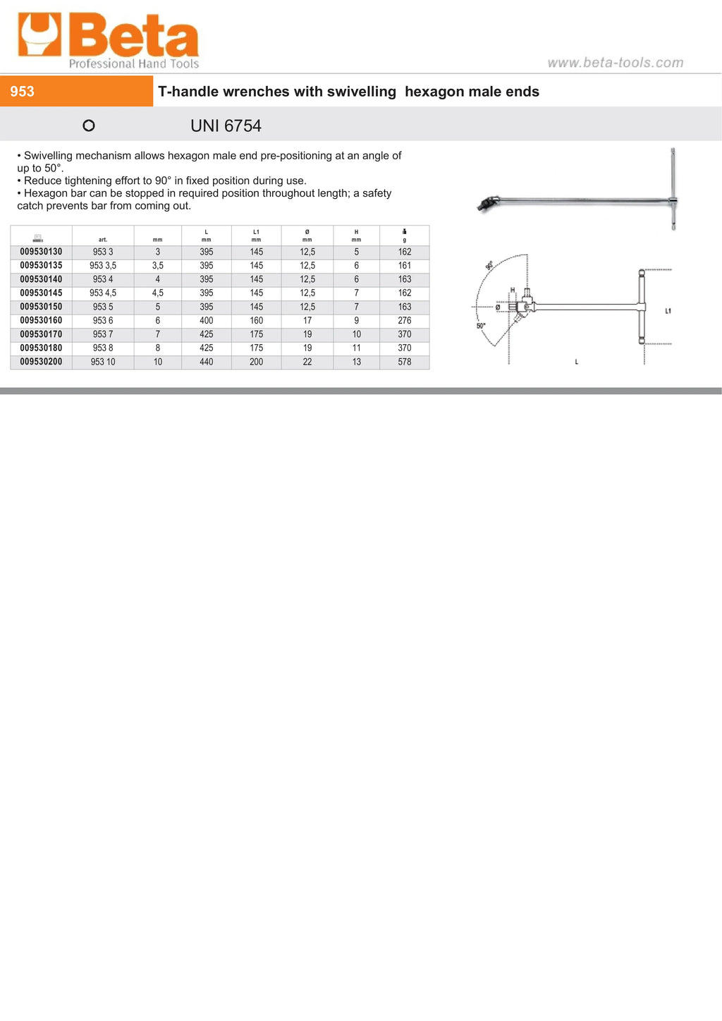 T-Handle Wrench with Swivelling Hexagon Male End 10mm - Beta Tools 953 10