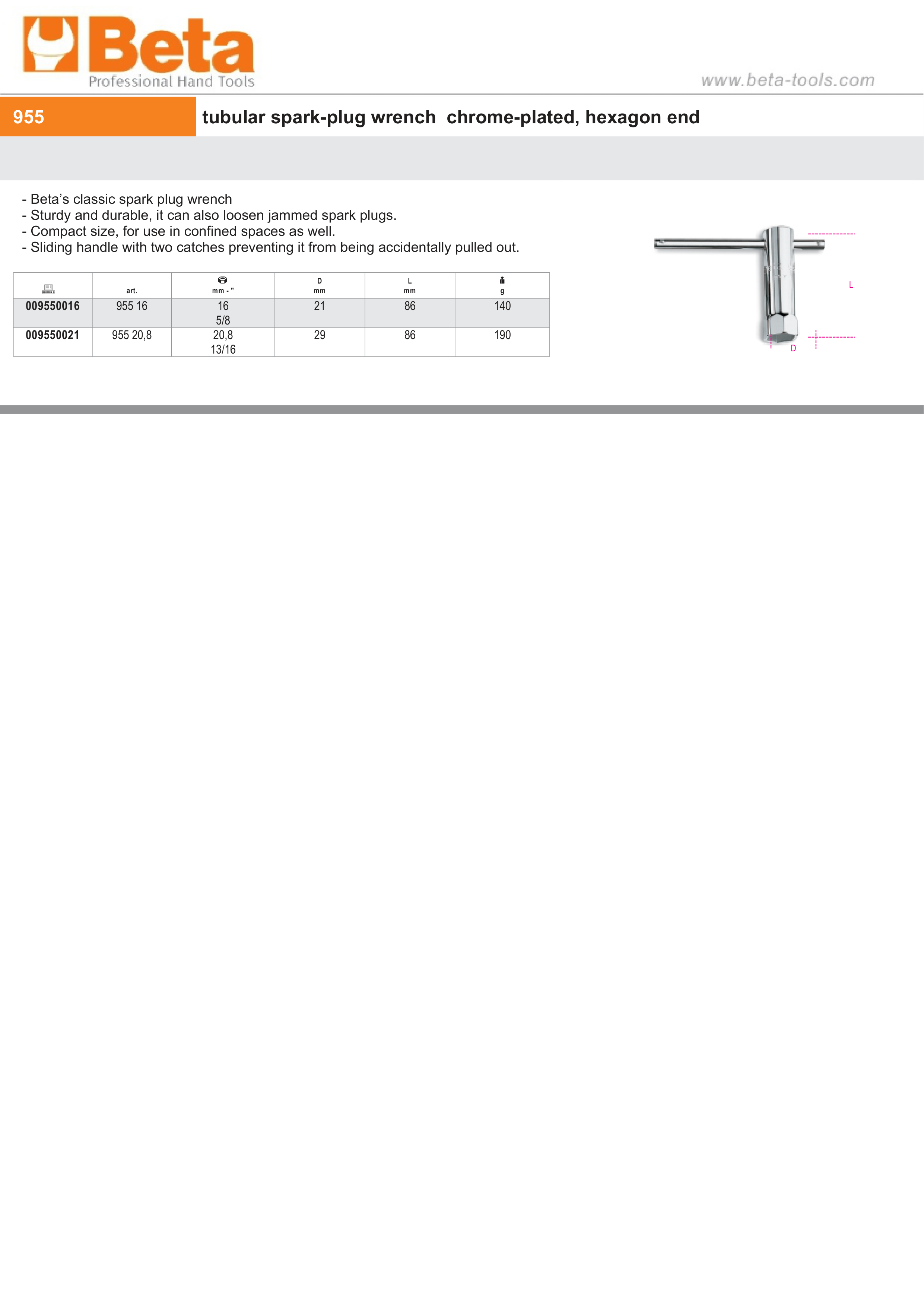 Tubular Spark-Plug Wrench Chrome-Plated Hexagon End 20.8mm - Beta Tools 955 20,8