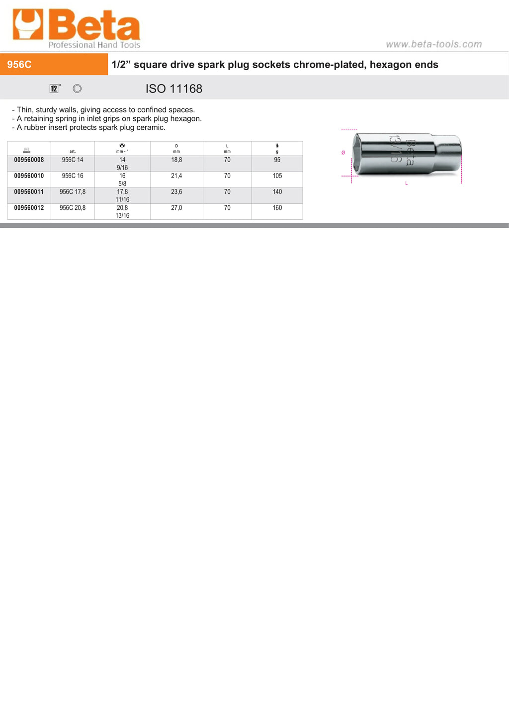 1/2 Square Drive Spark Plug Socket Chrome-Plated Hexagon End 20.8mm - Beta Tools 956C 20,8
