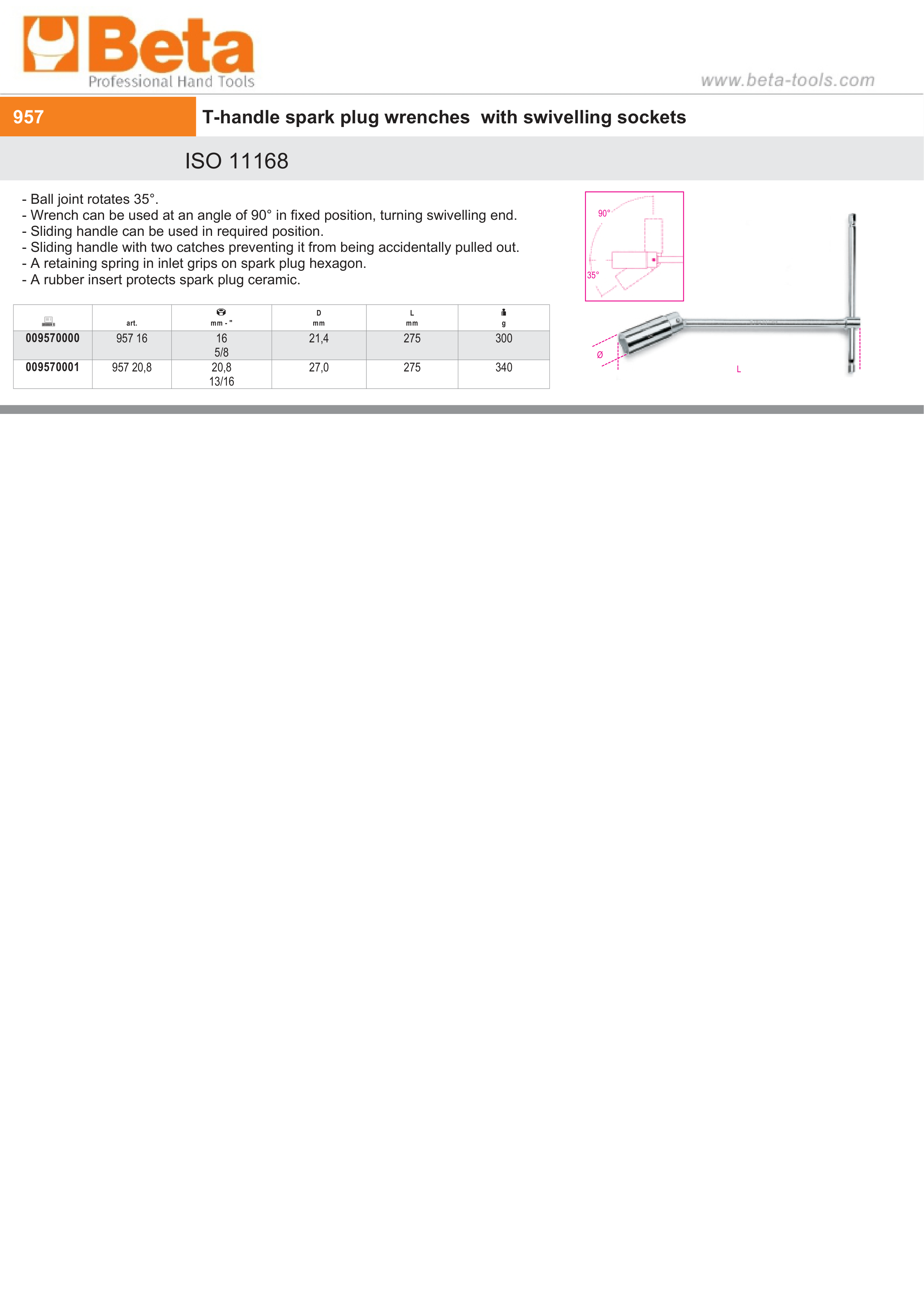 T-Handle Spark Plug Wrench with Swivelling Socket 16mm - Beta Tools 957 16