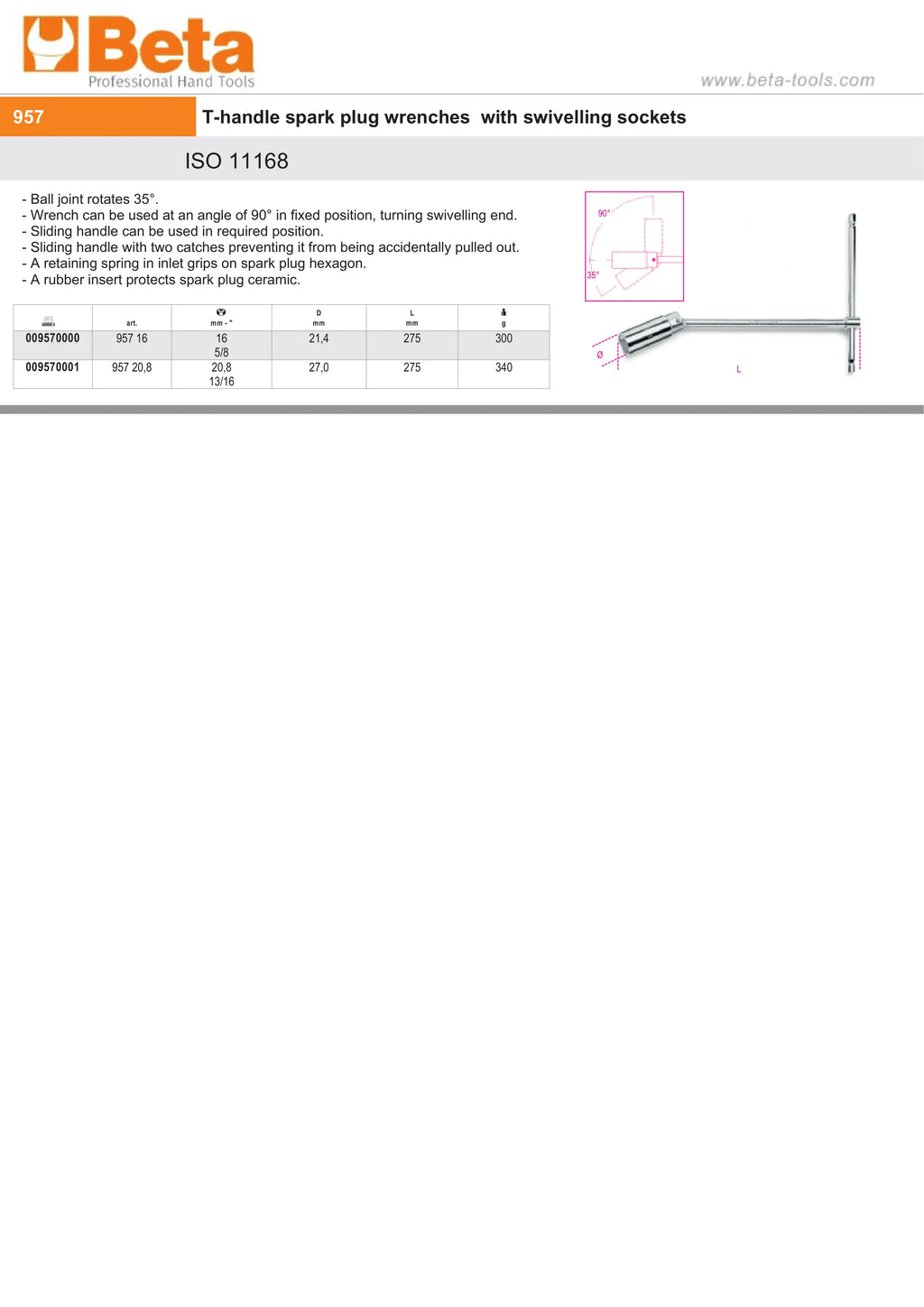 T-Handle Spark Plug Wrench with Swivelling Socket 20.8mm - Beta Tools 957 20,8