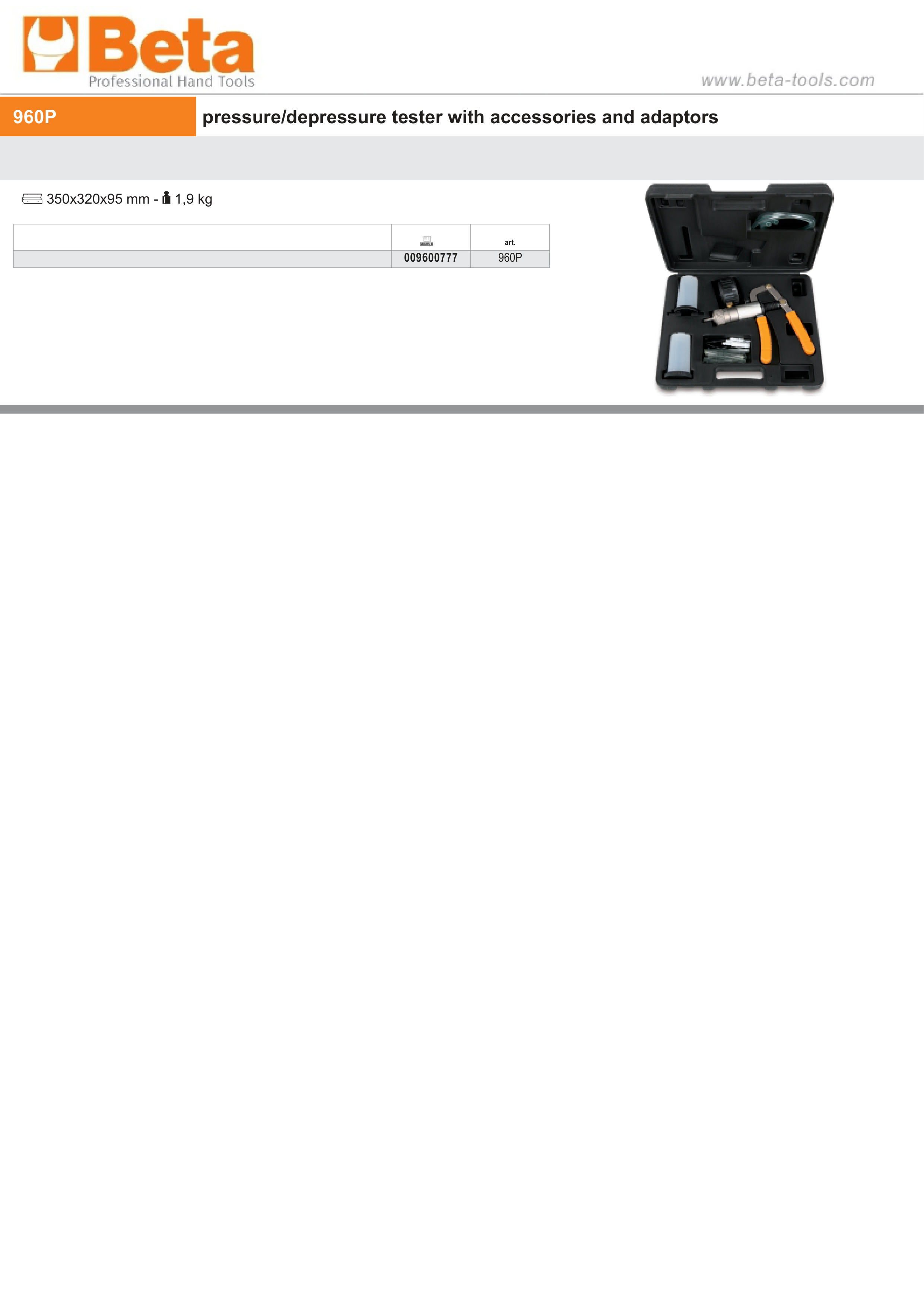 Pressure/Depressure Tester with Accessories and Adaptors - Beta Tools 960P