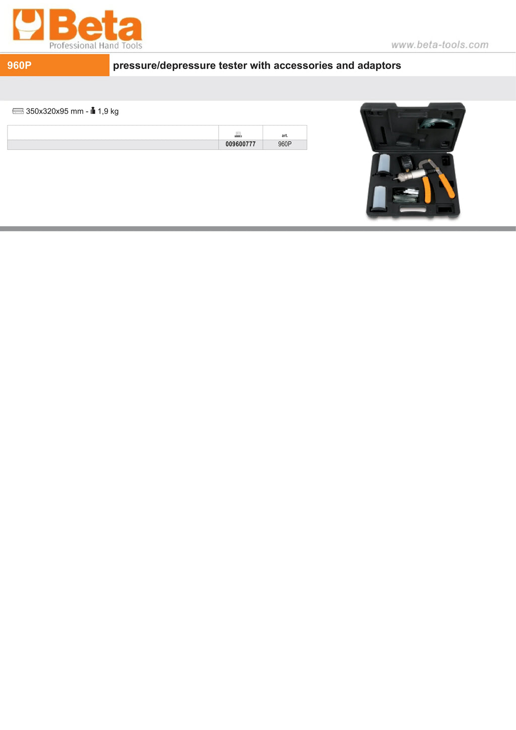 Pressure/Depressure Tester with Accessories and Adaptors - Beta Tools 960P
