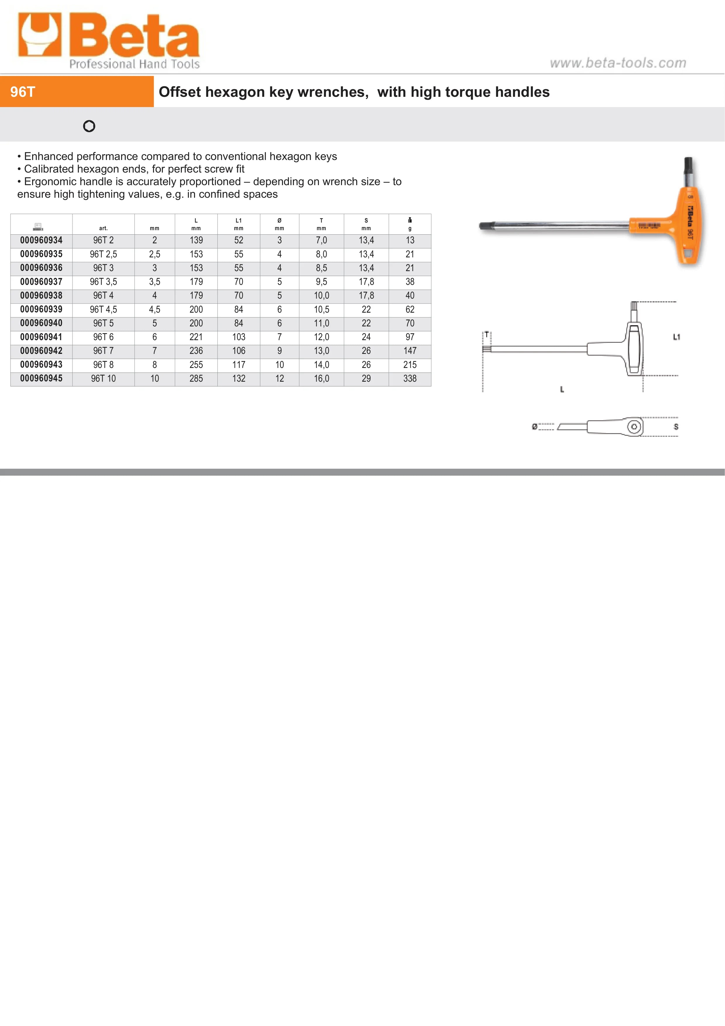 Offset Hexagon Key Wrench with High Torque Handle 4mm - Beta Tools 96T 4