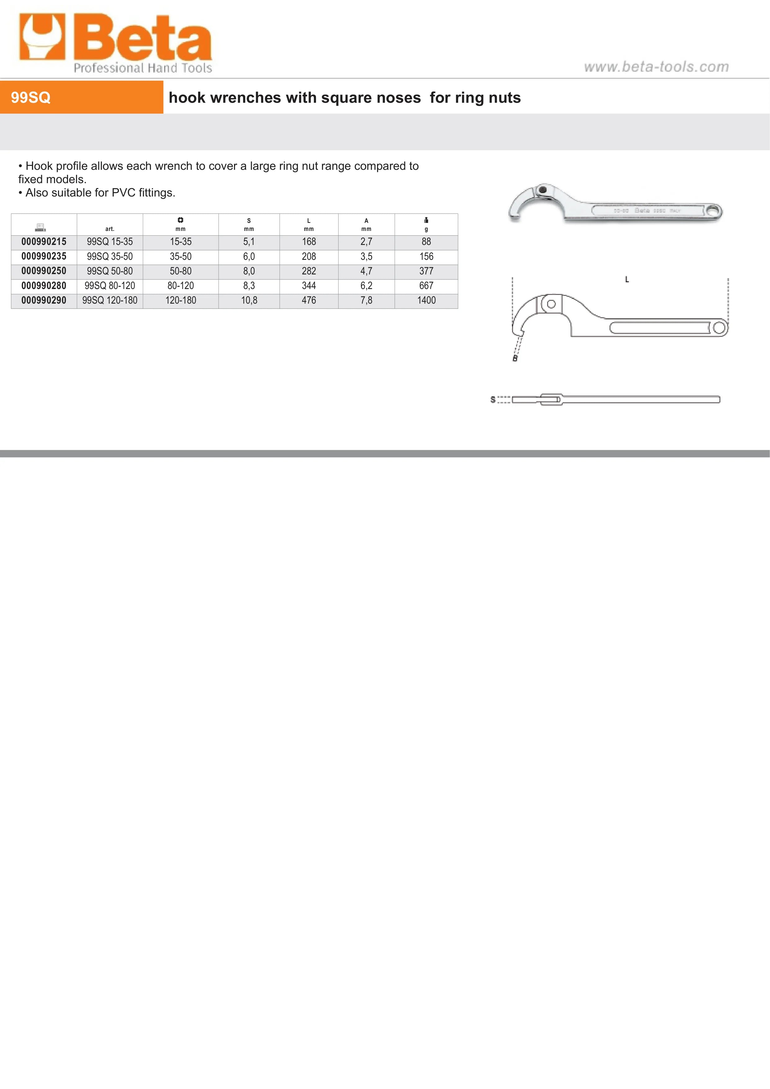 Hook Wrench with Square Noses for Ring Nuts 80mm-120mm - Beta Tools 99SQ 80-120