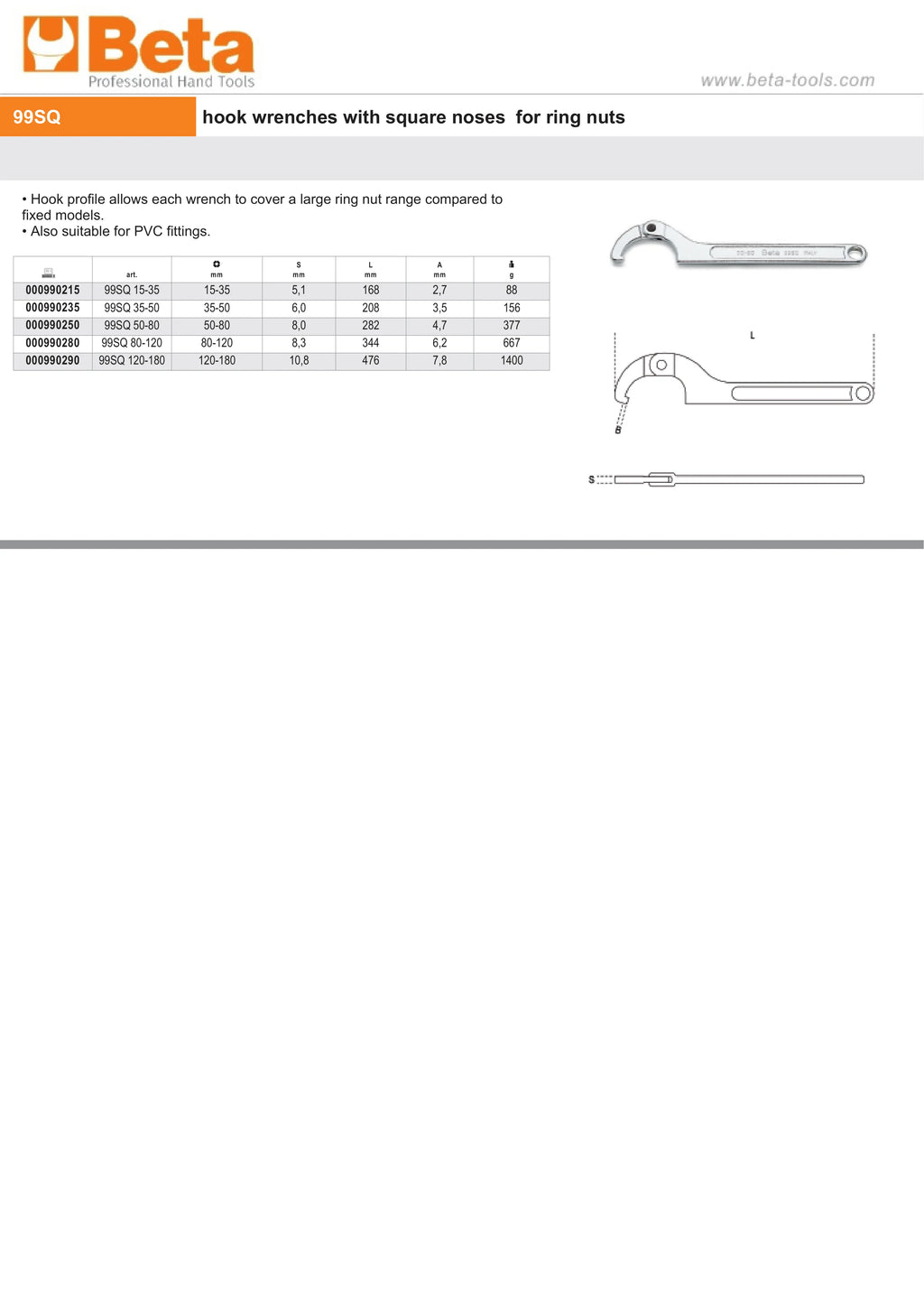 Hook Wrench with Square Noses for Ring Nuts 50mm-80mm - Beta Tools 99SQ 50-80