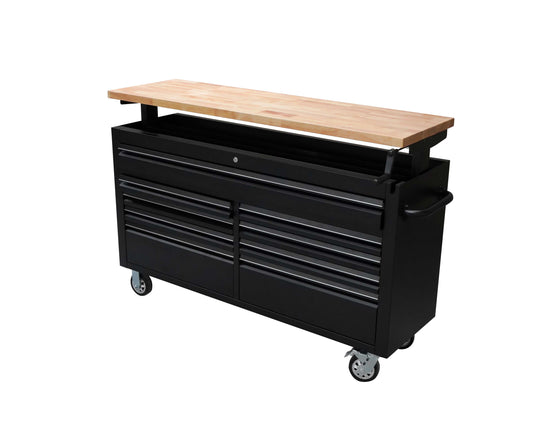 61 Black Powder Coated Steel 9 Drawer Tool Chest with Adjustable Height Solid Wooden Top
