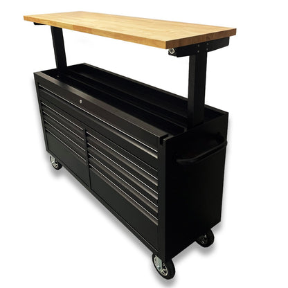 61 Black Powder Coated Steel 9 Drawer Tool Chest with Adjustable Height Solid Wooden Top
