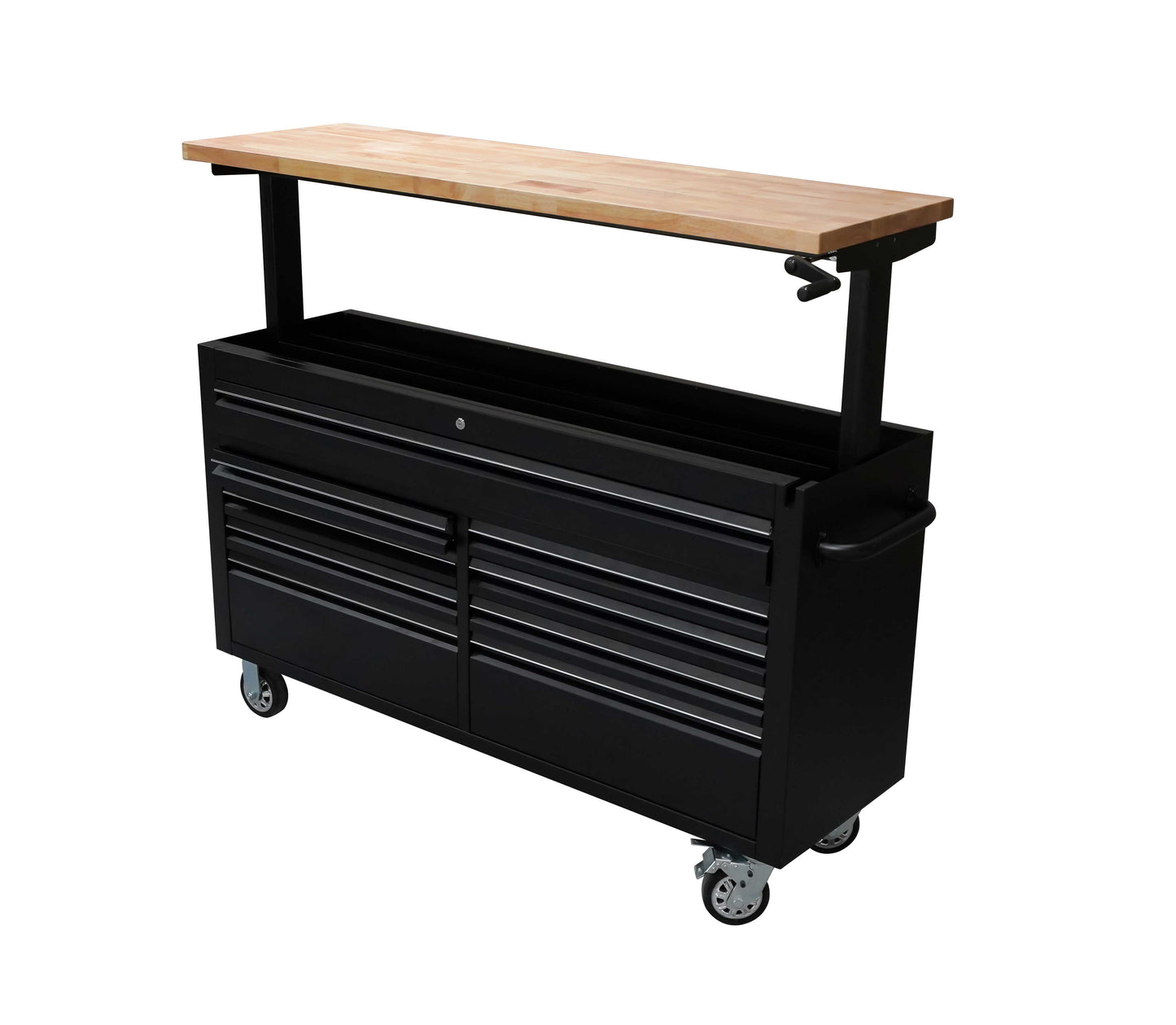 61 Black Powder Coated Steel 9 Drawer Tool Chest with Adjustable Height Solid Wooden Top