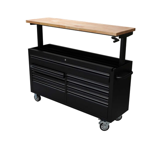 61 Black Powder Coated Steel 9 Drawer Tool Chest with Adjustable Height Solid Wooden Top