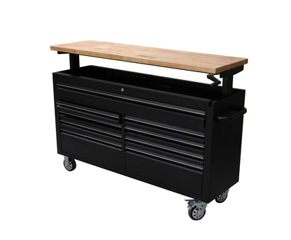 61 Black Powder Coated Steel 9 Drawer Tool Chest with Adjustable Height Solid Wooden Top