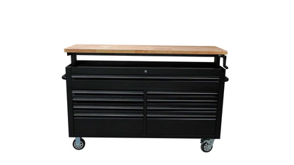 61 Black Powder Coated Steel 9 Drawer Tool Chest with Adjustable Height Solid Wooden Top