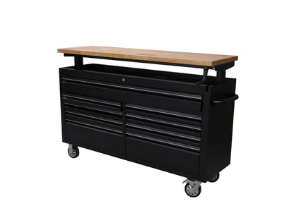 61 Black Powder Coated Steel 9 Drawer Tool Chest with Adjustable Height Solid Wooden Top