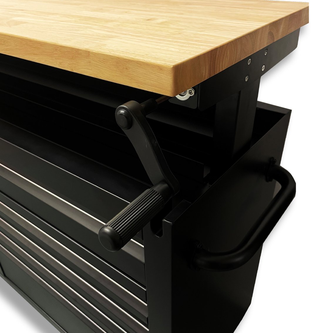 61 Black Powder Coated Steel 9 Drawer Tool Chest with Adjustable Height Solid Wooden Top