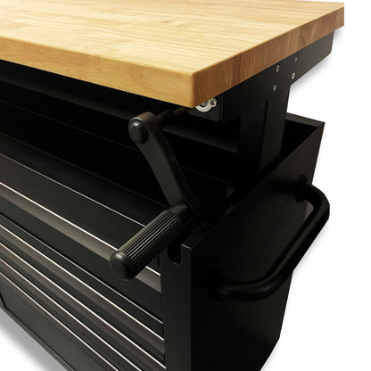 61 Black Powder Coated Steel 9 Drawer Tool Chest with Adjustable Height Solid Wooden Top