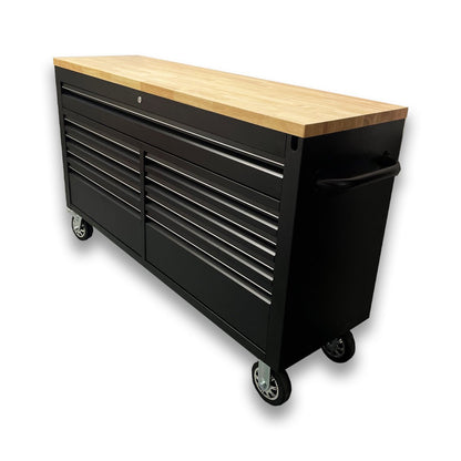 61 Black Powder Coated Steel 9 Drawer Tool Chest with Adjustable Height Solid Wooden Top