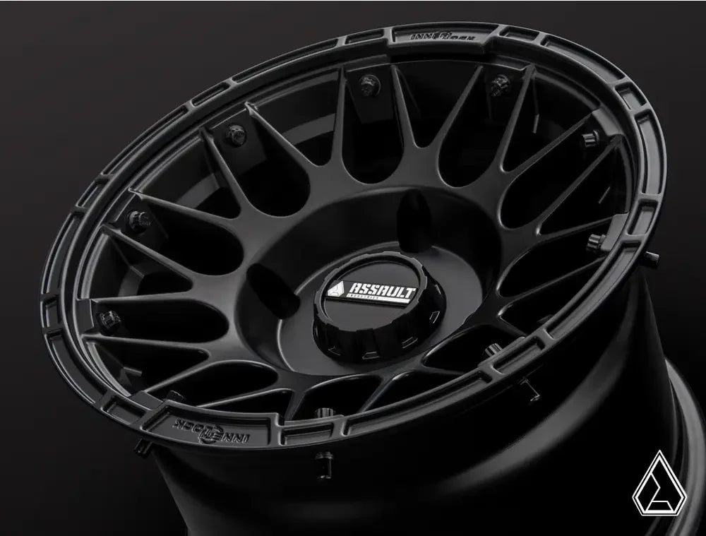 15x7 ASSAULT INDUSTRIES HELLFIRE BEADLOCK WHEELS, SATIN BLACK 4/156 4x156 WHL-156-4-15-7-ILSB