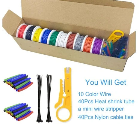 Wire 10 Colors 18 Gauge 16amp Silicone Electrical Wire 5Mtr Each 18 AWG Stranded Tinned Copper Hookup Wire Kit with Tools
