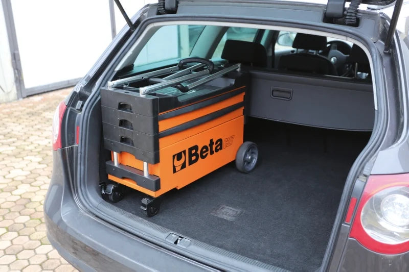 Folding Tool Trolley for Outdoor Jobs, 2 Drawers, 990x390x700mm, Centralized Lock, 160mm Fixed Castors - Beta Tools C27S-R
