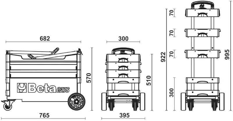 Folding Tool Trolley for Outdoor Jobs, 2 Drawers, 990x390x700mm, Centralized Lock, 160mm Fixed Castors - Beta Tools C27S-G
