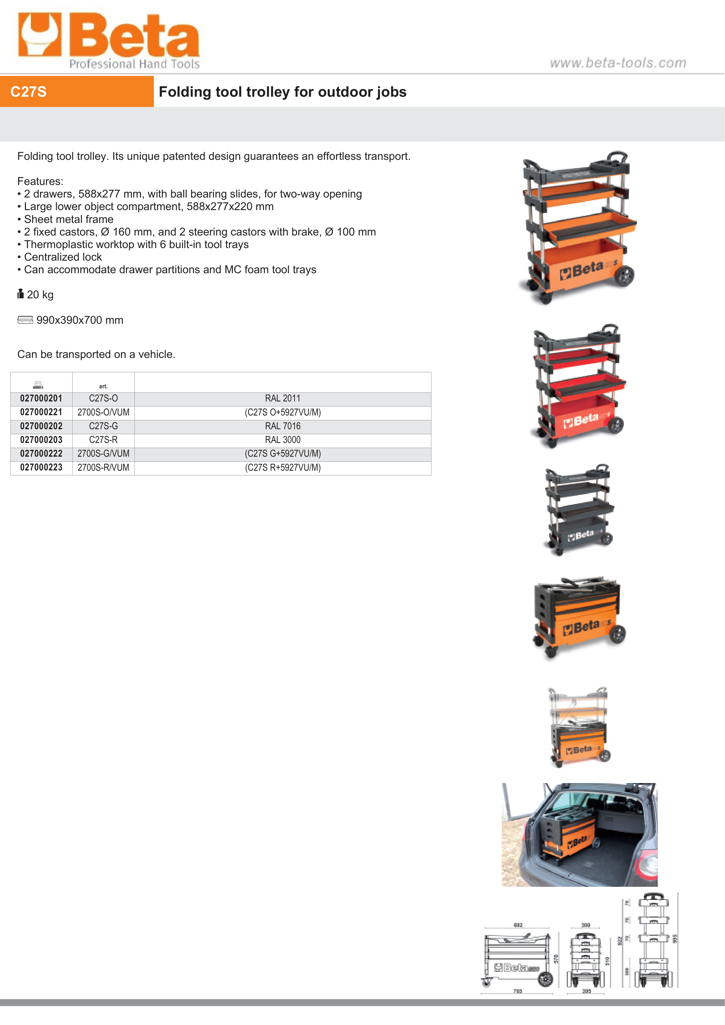 Folding Tool Trolley for Outdoor Jobs, 2 Drawers, 990x390x700mm, Centralized Lock, 160mm Fixed Castors - Beta Tools C27S-R