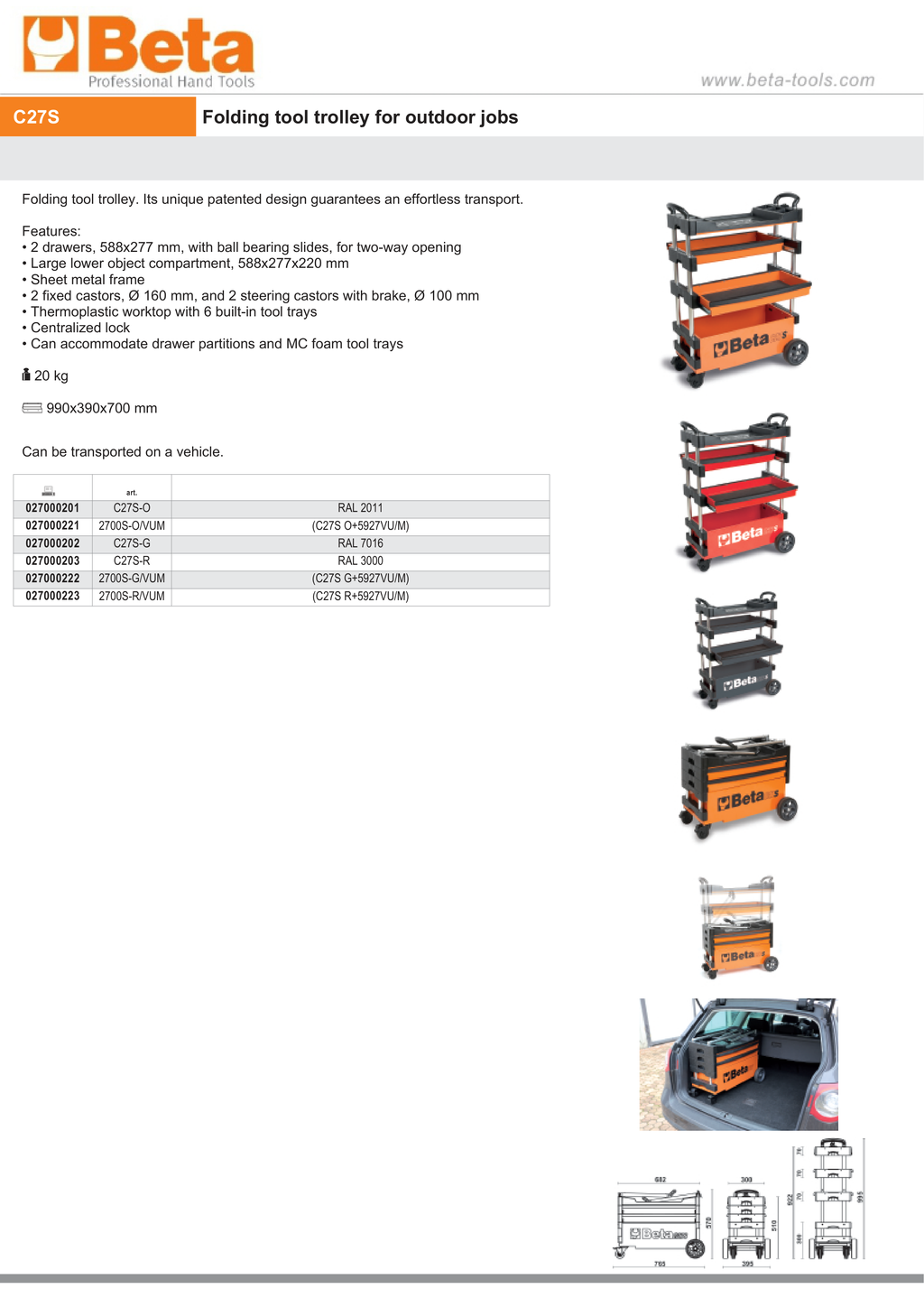 Folding Tool Trolley for Outdoor Jobs, 2 Drawers, 990x390x700mm, Centralized Lock, 160mm Fixed Castors - Beta Tools C27S-O