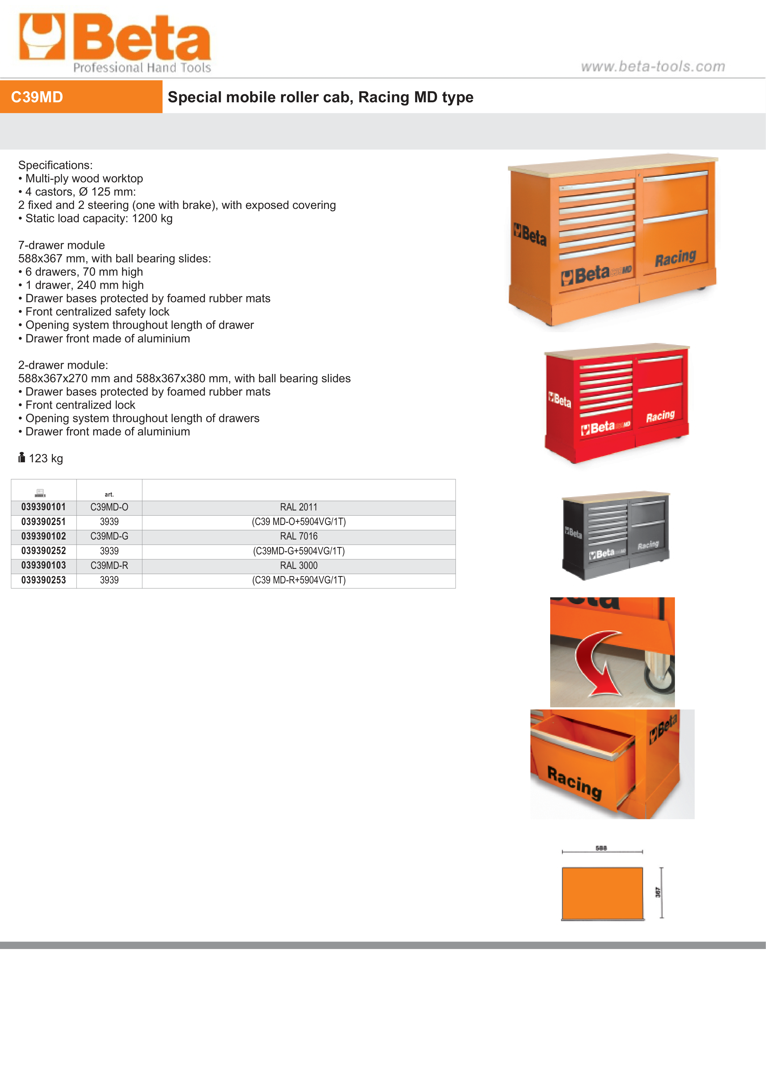 Special Mobile Roller Cabinet Racing MD Type with 7-Drawer and 2-Drawer Modules - Beta Tools C39MD-O