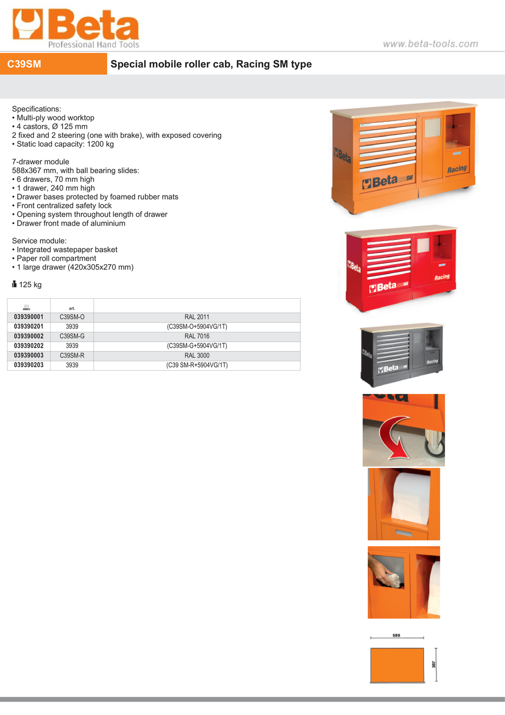 Special Mobile Roller Cabinet Racing SM Type with 7-Drawer Module and Service Module - Beta Tools C39SM-R