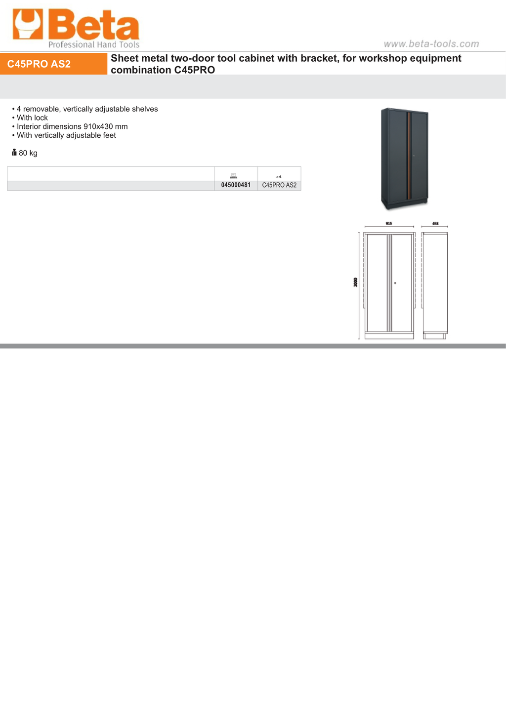 Two-Door Tool Cabinet with Adjustable Shelves and Lock for Workshop - BetaC45PRO C45PRO AS2