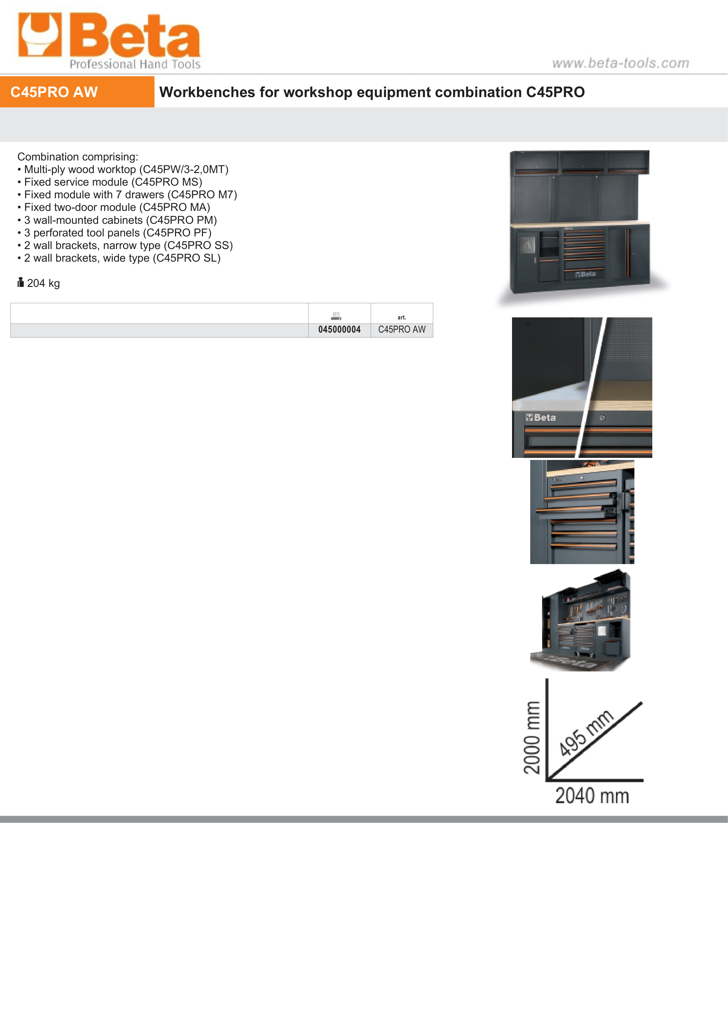 Workbenches for Workshop Equipment Combination with Wood Worktop, Drawers, Tool Panels, and Cabinets - BetaC45PRO C45PRO AW