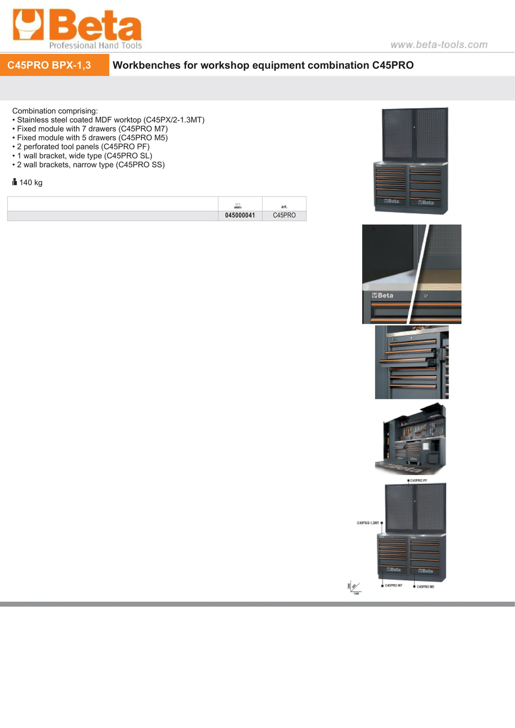 Workbenches with Stainless Steel Worktop, Drawers, and Tool Panels - BetaC45PRO C45PRO BPX-1,3
