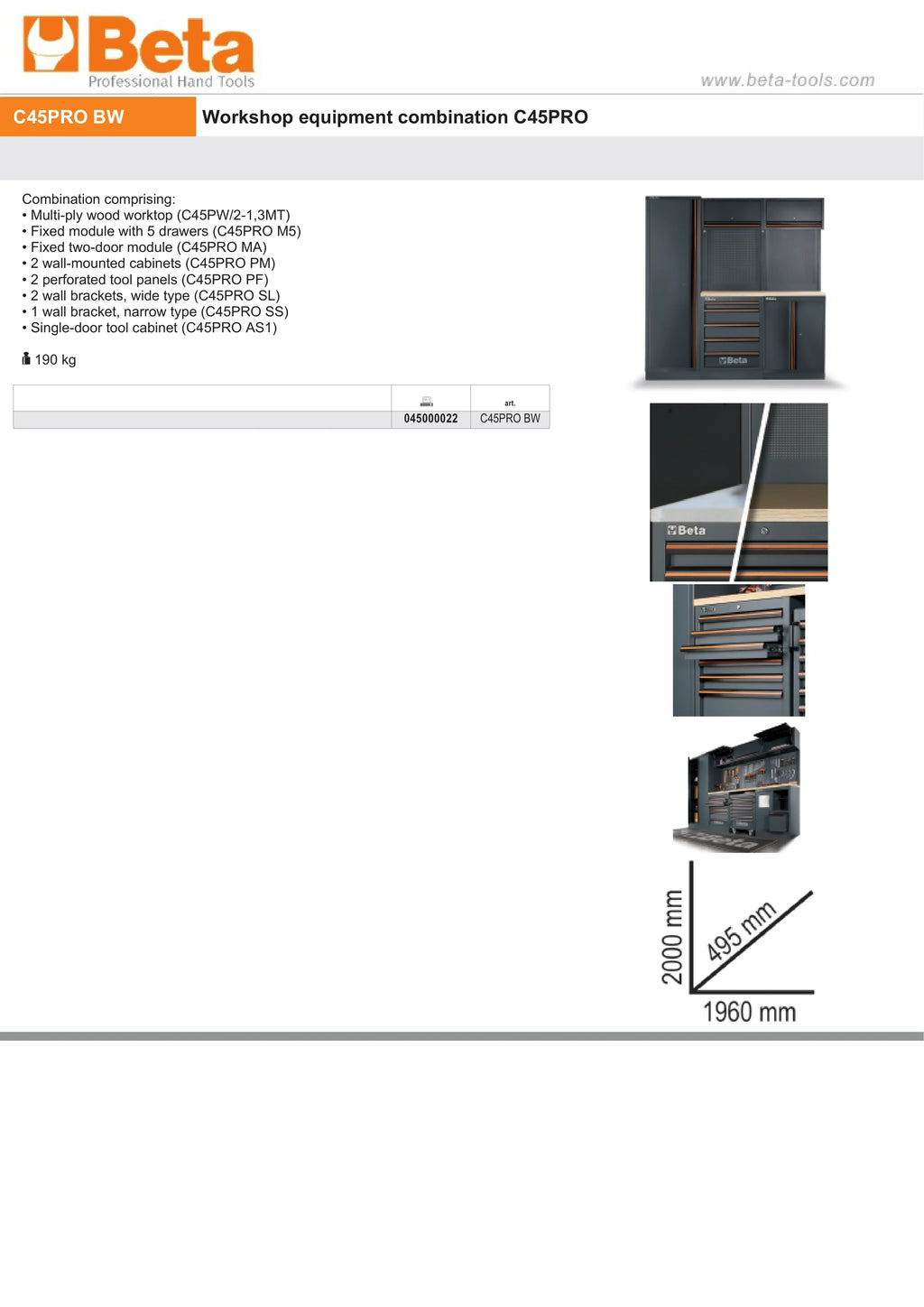 Workshop Equipment Combination with Wood Worktop, Drawers, Tool Panels, and Cabinets - BetaC45PRO C45PRO BW