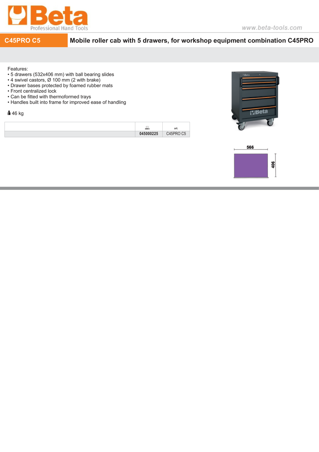 Mobile Roller Cab with 5 Drawers and Swivel Castors for Workshop - BetaC45PRO C45PRO C5