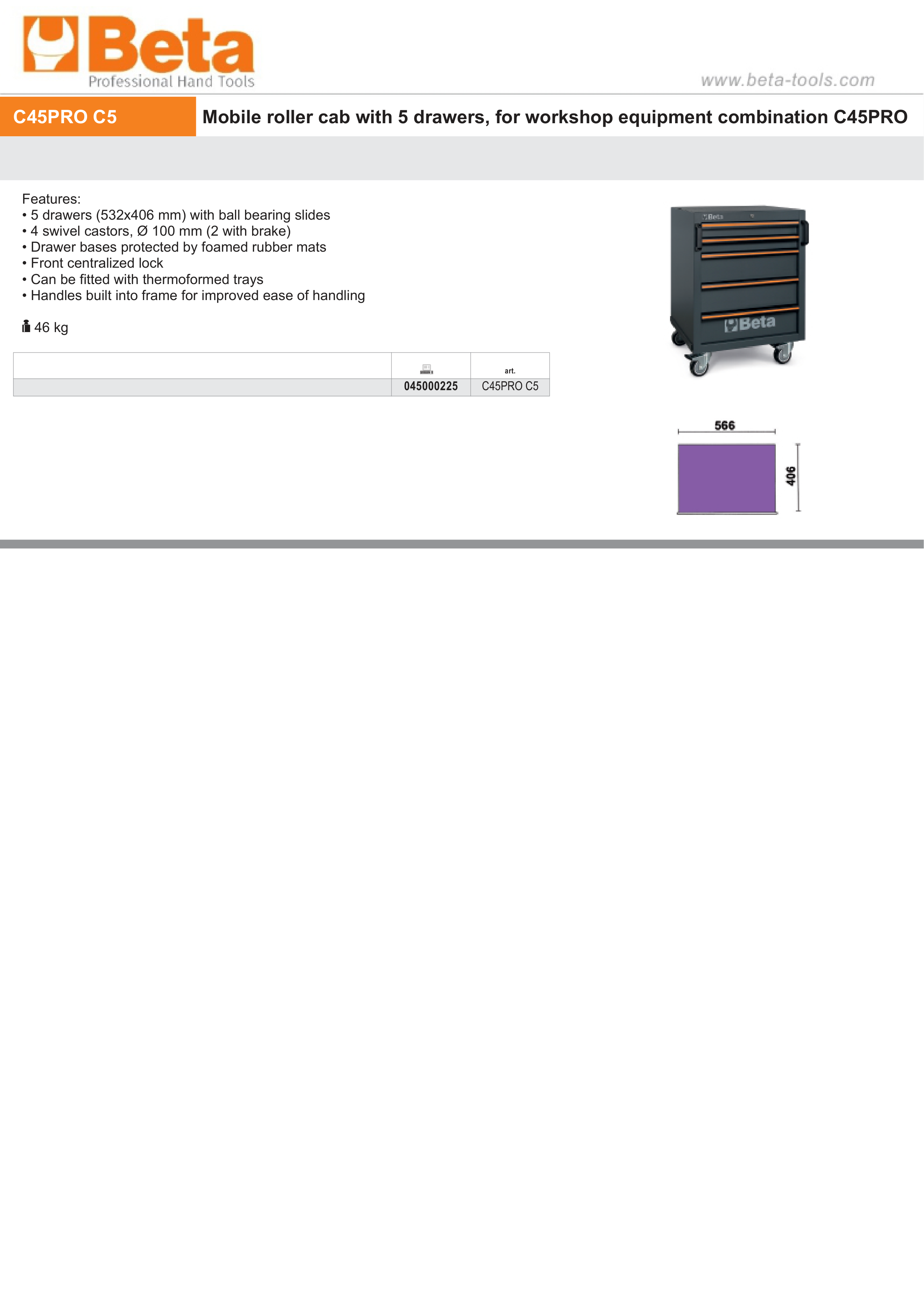 Mobile Roller Cab with 5 Drawers and Swivel Castors for Workshop - BetaC45PRO C45PRO C5