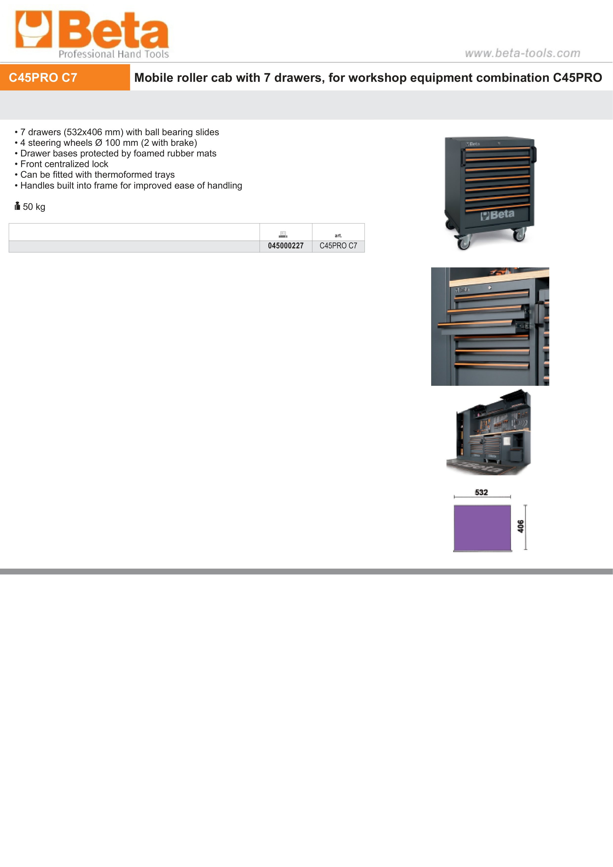 Mobile Roller Cab with 7 Drawers and Steering Wheels for Workshop - BetaC45PRO C45PRO C7
