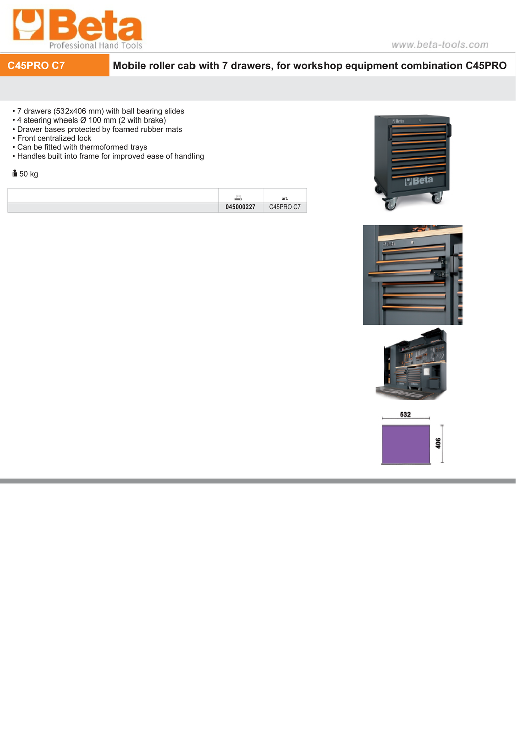 Mobile Roller Cab with 7 Drawers and Steering Wheels for Workshop - BetaC45PRO C45PRO C7