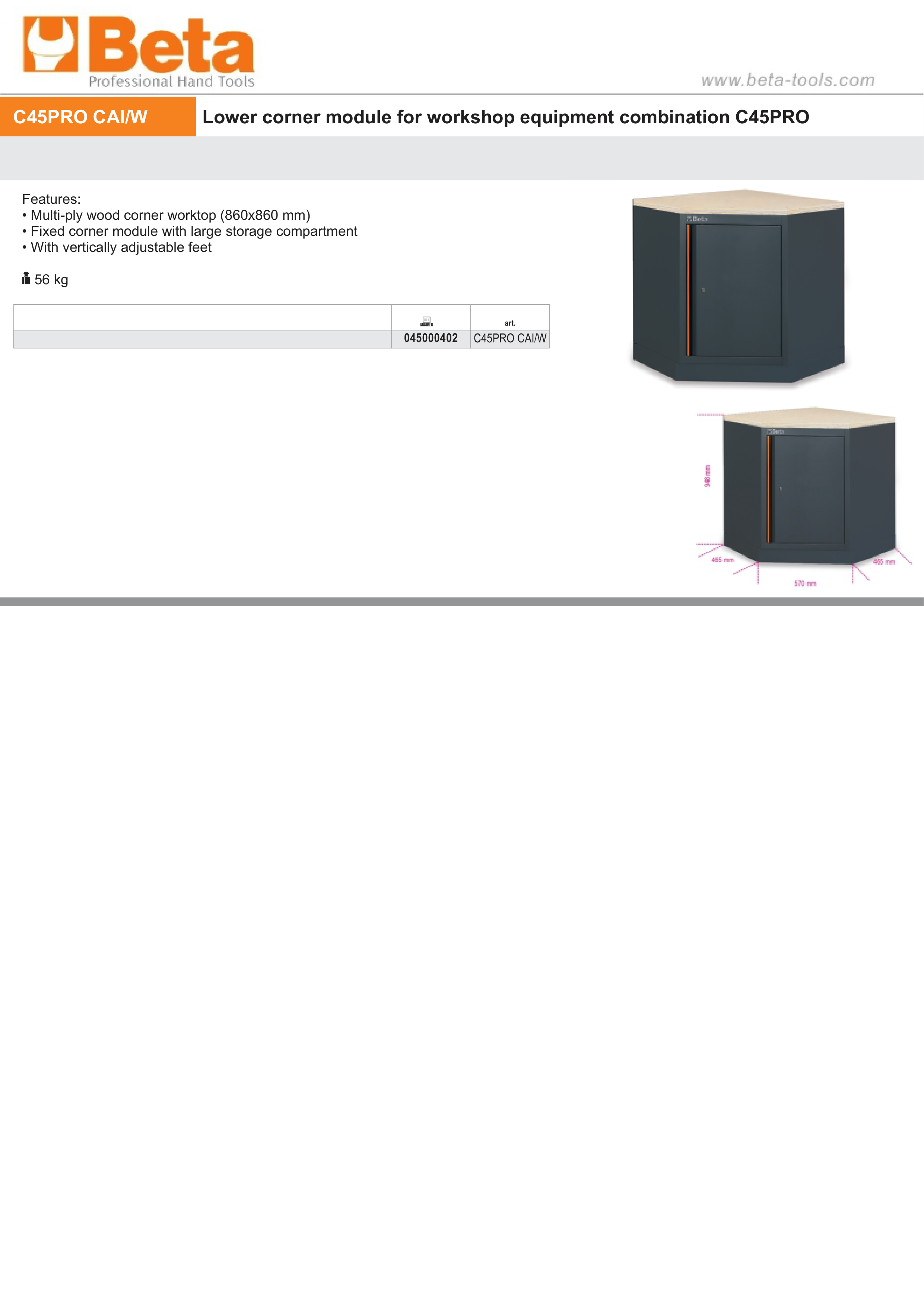 Lower Corner Module with Wood Worktop and Storage for Workshop - BetaC45PRO C45PRO CAI/W