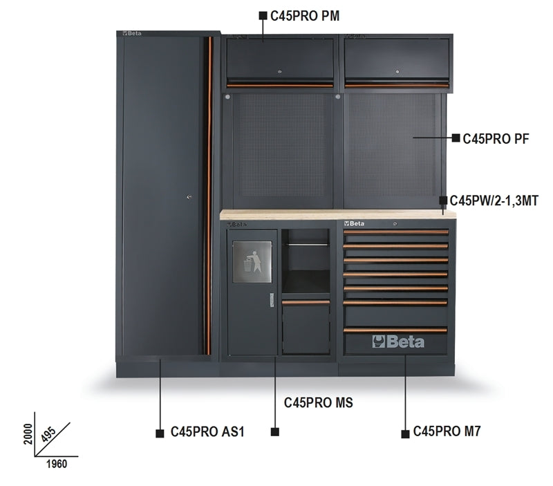 Workshop Equipment Combination with Wood Worktop, Drawers, Tool Panels, and Cabinets - BetaC45PRO C45PRO CW