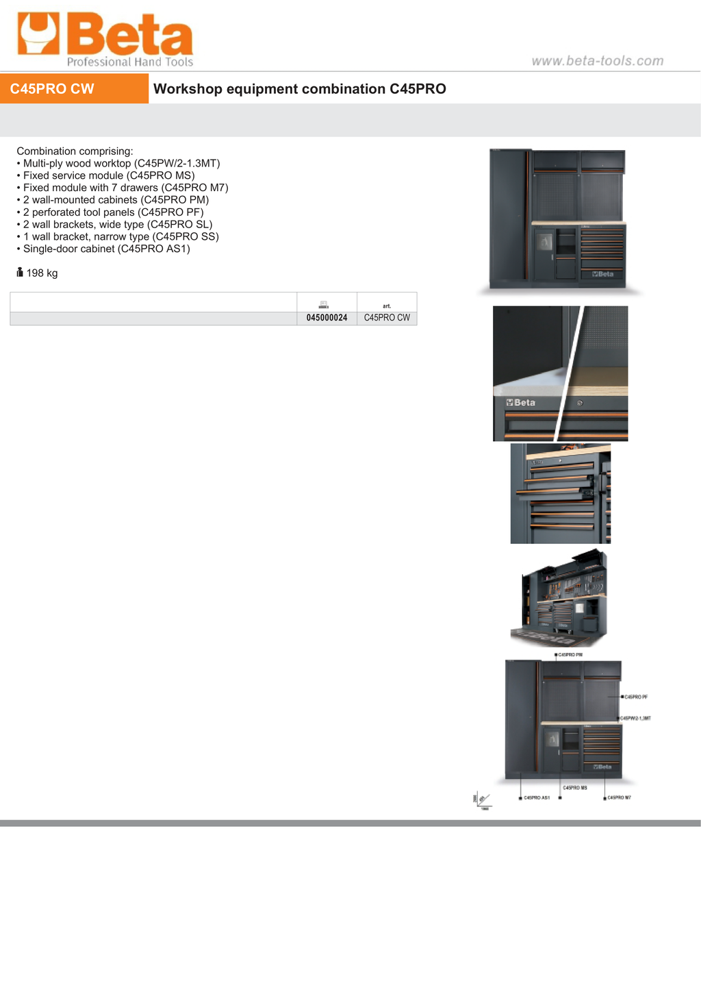 Workshop Equipment Combination with Wood Worktop, Drawers, Tool Panels, and Cabinets - BetaC45PRO C45PRO CW