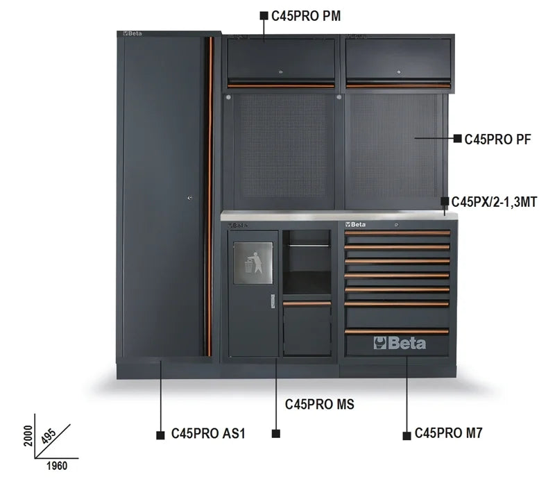 Workshop Equipment Combination with Stainless Steel Worktop, Drawers, Tool Panels, and Cabinets - BetaC45PRO C45PRO CX