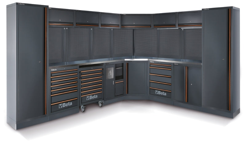 Workshop Equipment Combination with Stainless Steel Worktops, Drawers, Tool Panels, and Cabinets - BetaC45PRO C45PRO DX