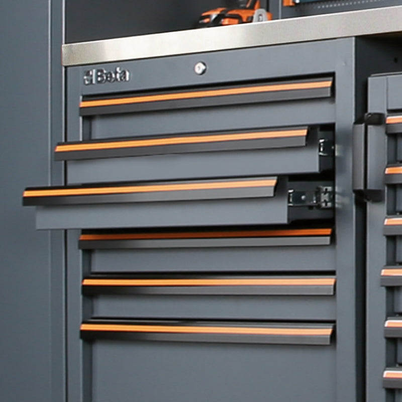 Workshop Equipment Combination with Stainless Steel Worktops, Drawers, Tool Panels, and Cabinets - BetaC45PRO C45PRO DX
