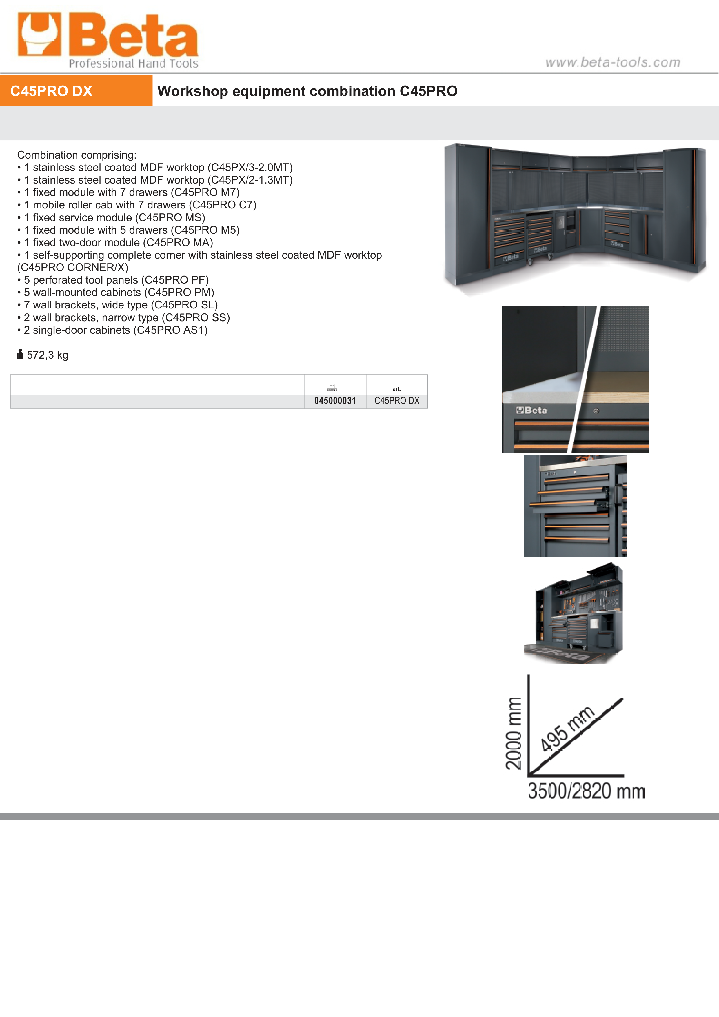 Workshop Equipment Combination with Stainless Steel Worktops, Drawers, Tool Panels, and Cabinets - BetaC45PRO C45PRO DX