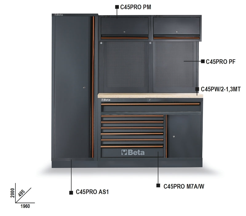 Workshop Equipment Combination with Wood Worktop, Drawers, Tool Panels, and Cabinets - BetaC45PRO C45PRO EW