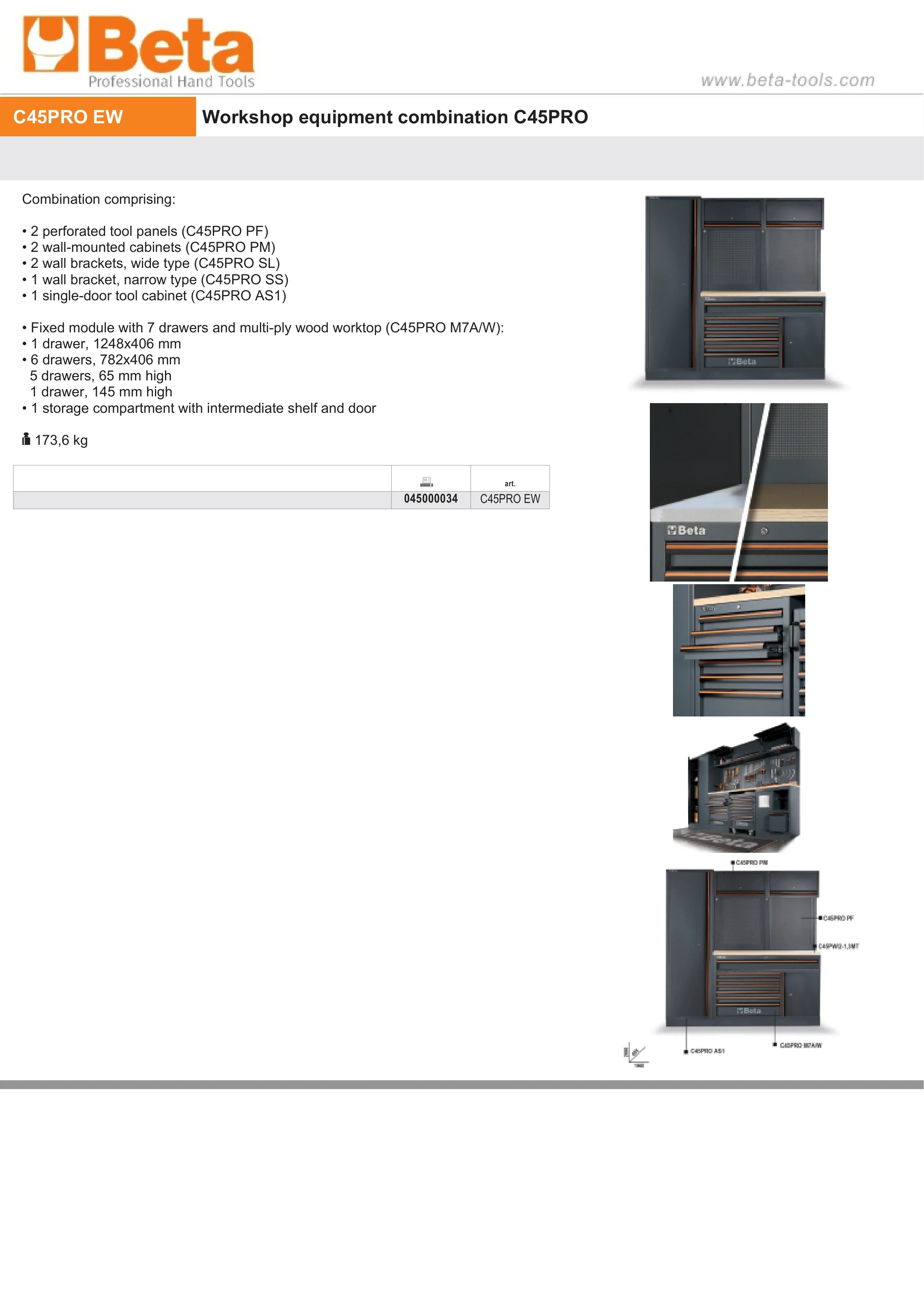 Workshop Equipment Combination with Wood Worktop, Drawers, Tool Panels, and Cabinets - BetaC45PRO C45PRO EW