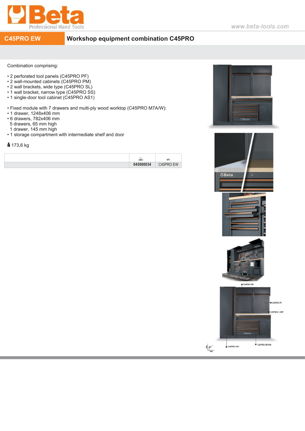 Workshop Equipment Combination with Wood Worktop, Drawers, Tool Panels, and Cabinets - BetaC45PRO C45PRO EW