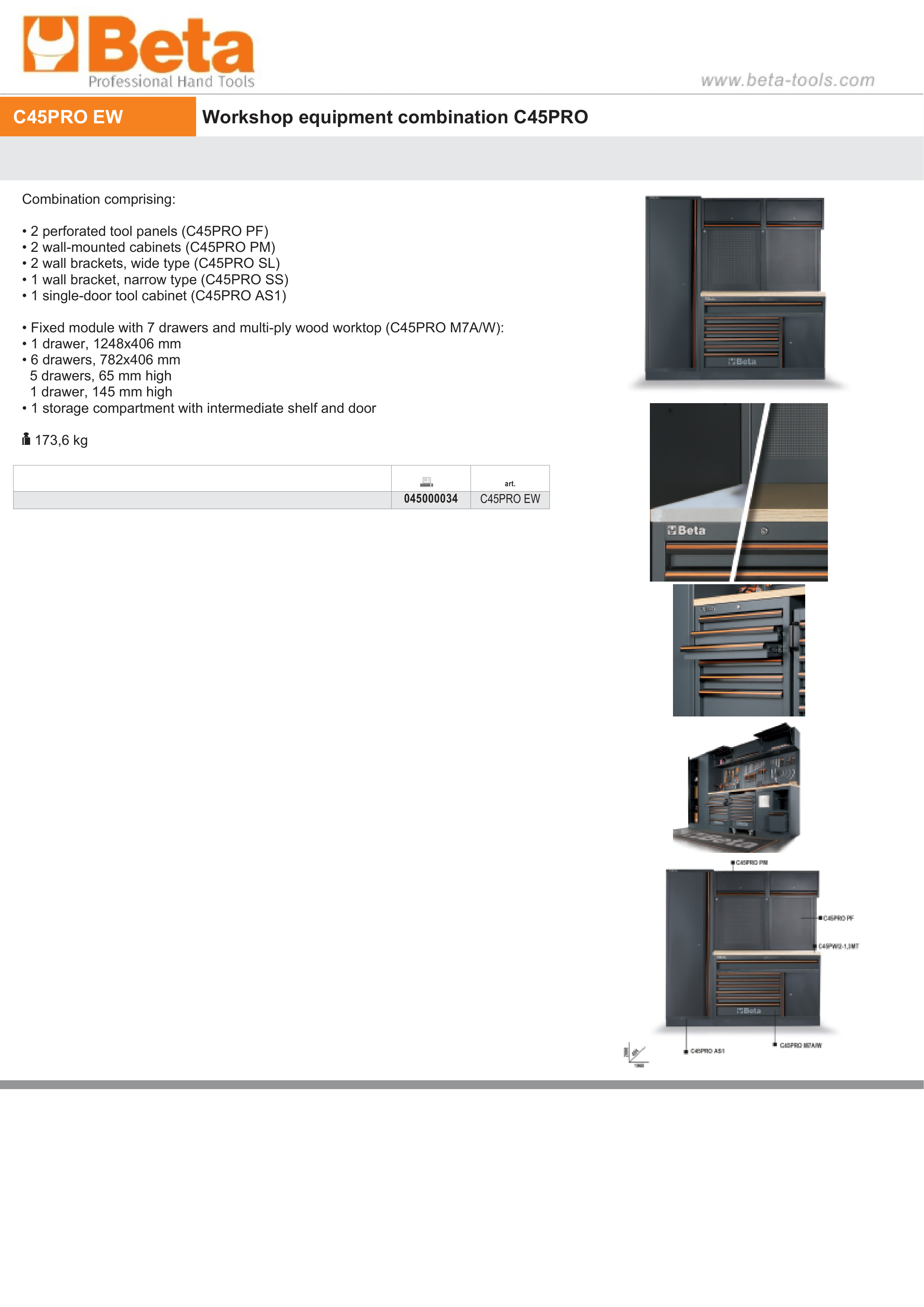 Workshop Equipment Combination with Wood Worktop, Drawers, Tool Panels, and Cabinets - BetaC45PRO C45PRO EW