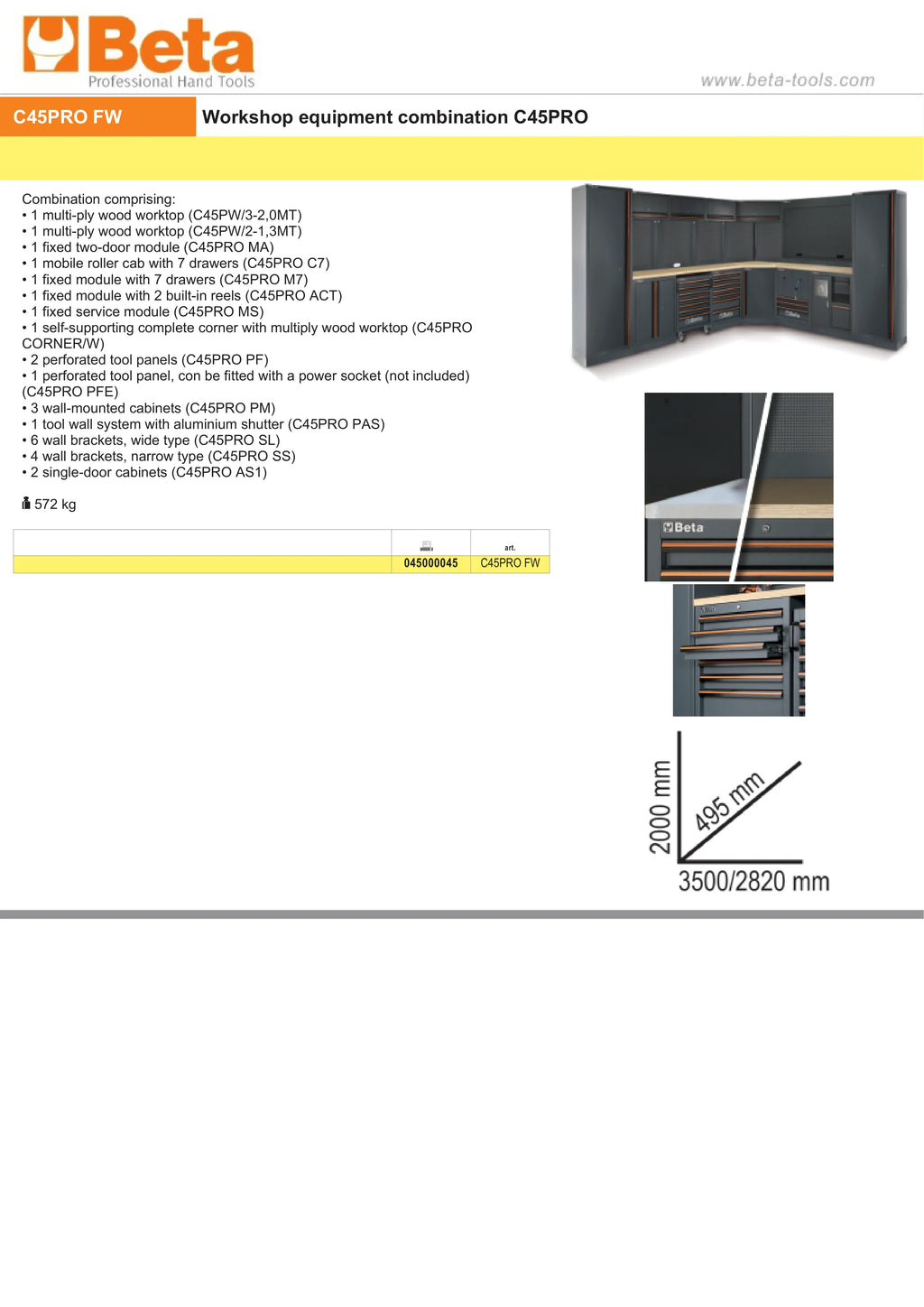 Workshop Equipment Combination with Wood Worktops, Drawers, Tool Panels, and Cabinets - BetaC45PRO C45PRO FW